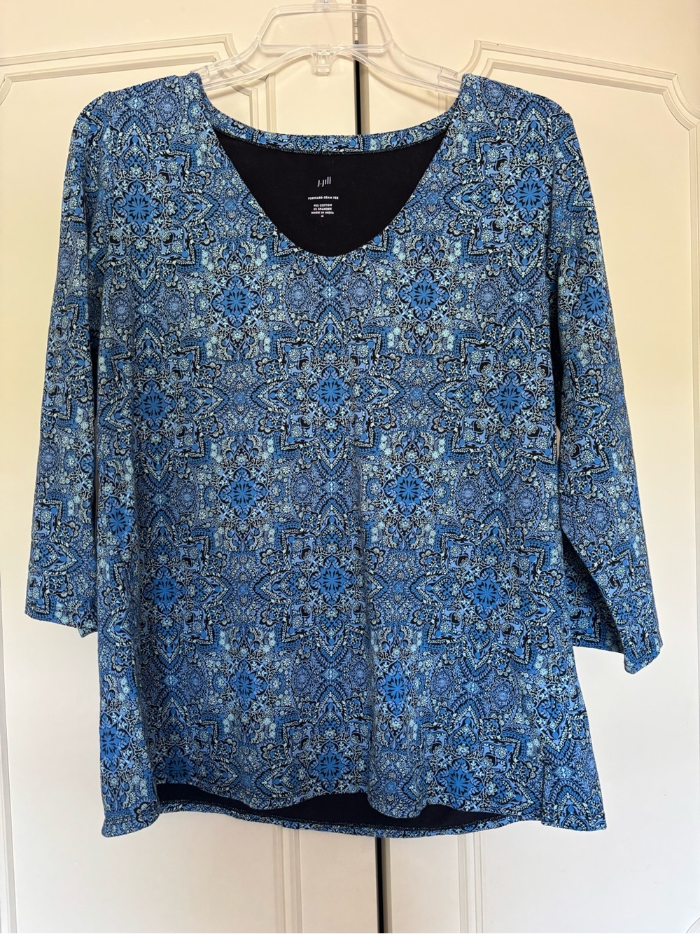 J. Jill Blue Printed V-Neck Long Sleeve Top